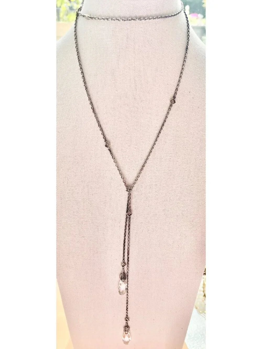 Lagos 750 & Sterling Silver Lariat Necklace With Clear Briolette Stones & Checke